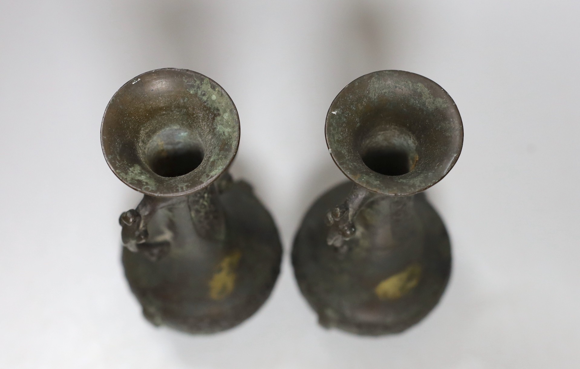A pair of Chinese two handled bronze bottle vases, late Ming dynasty, 17cm